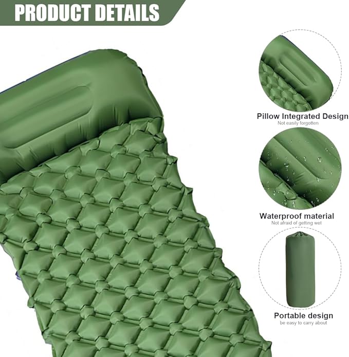 Sleeping Pads for Camping,Ultralight Inflatable Sleeping Pad for Camping with Pillow,Built-in Pump,Waterproof Nylon foror Camping, Backpacking, Hiking, Tent Mattress (Army Green)