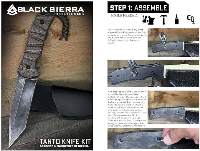Black Sierra Japanese Tanto Knife Building Kit, Handmade Knife Kit w/Stonewashed Finished Steel Blade and Deluxe Leather Sheath, DIY Fixed Blade Gift for Men, Perfect for Father's Day Gift