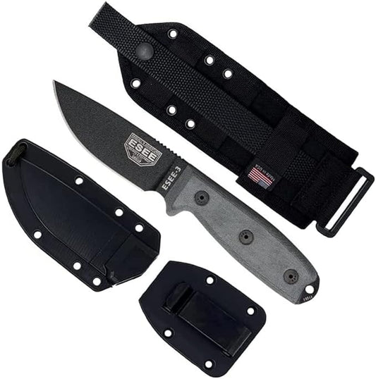 ESEE Knives 3P-MB Fixed Blade Knife w/Molded Polymer Sheath & MOLLE Back (Modified Pommel/Black Blade/Black Sheath)