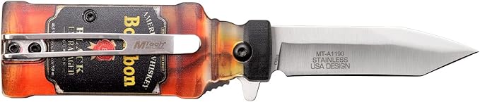 MTECH USA – Folding Knife – Stands Upright – Bourbon Bottle Knife - Satin Stainless Steel Blade w/ABS Handle Shaped Like A Bottle, Liner Lock, Pocket Clip - EDC – MT-A1190B
