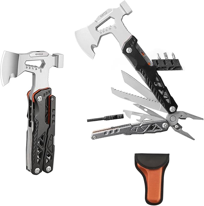 Camping Axe Multitool 17 IN 1, Foldable Camping Essentials Survival Gear Hatchet with Knife, Adjustable Wrench, Hammer, Screwdriver, Outdoor Multi Tool Stainless Steel Mens Gifts(Black)