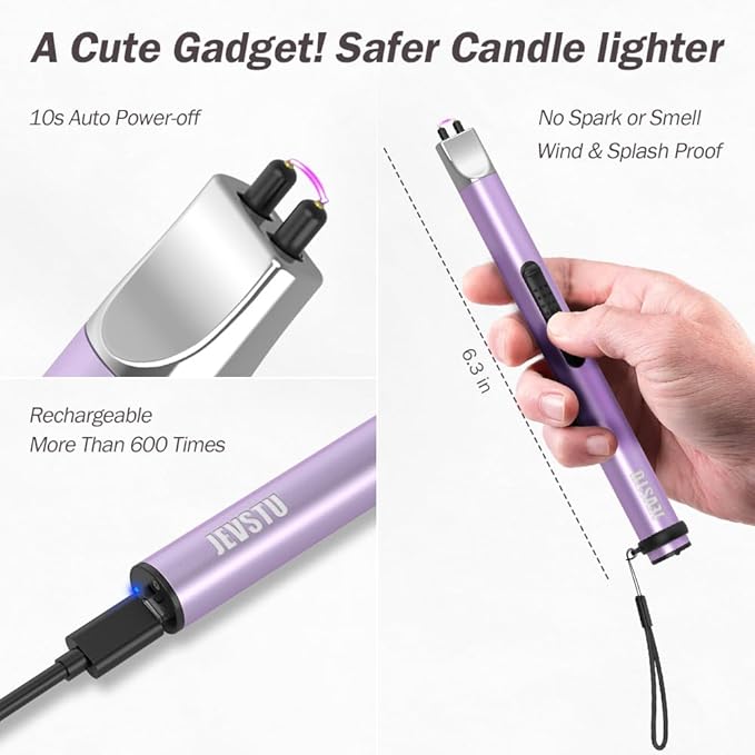 Candle Lighter, Electric Lighter Rechargeable USB Lighter, Arc Windproof Flameless Plasma Lighter Long Stick with Rope and Ring, No Butane Fluid, Perfect for Candle BBQ Camping Kitchen Stove, Purple