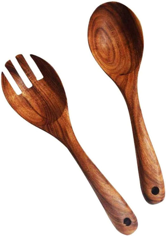 KALINCO Wooden Acacia Salad Servers with Salad Spoon and Fork Set Cooking Utensils for Kitchen (Natural Handmade Cookware) (salad servers)