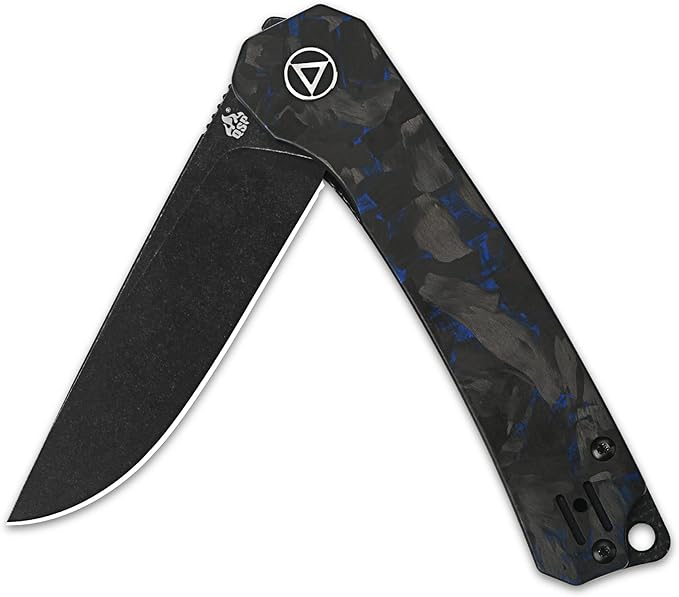 QSP Knife Osprey Folding Knife, 3.25in 14C28N Blade with Different Handle Variants, Reversible Tip Up Clip for Everyday Carry (Black stonewash blade, shredded blue CF overlay G10)