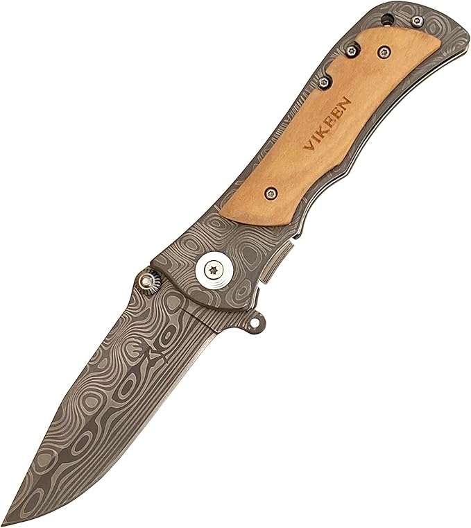 Pocket Knife, Folding Knife, Wood Handle Knife, Outdoor Camping Survival EDC Knife, gift for Men, Husband and Dad, with Nylon Pouch