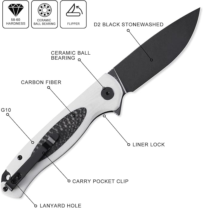 Petrified fish PFB03 Stamp Pocket Knife, 3.58" D2 Black Stonewashed Blade, 4.79 oz G10 Handle Flipper Liner lock Folding Knife (White & Black Stonewashed)