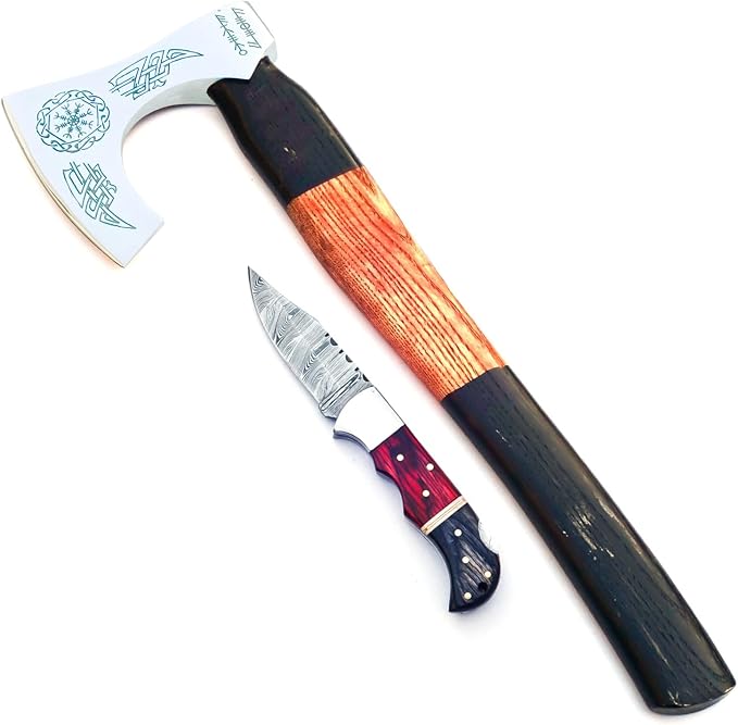 Hand Forged Vikings Axe & Damascus Steel Folding Knife Set- 21"" Carbon Steel Nordic Hatchet + EDC Knife with Sheath- Ideal for Camping, Gift for Men, Red-Black
