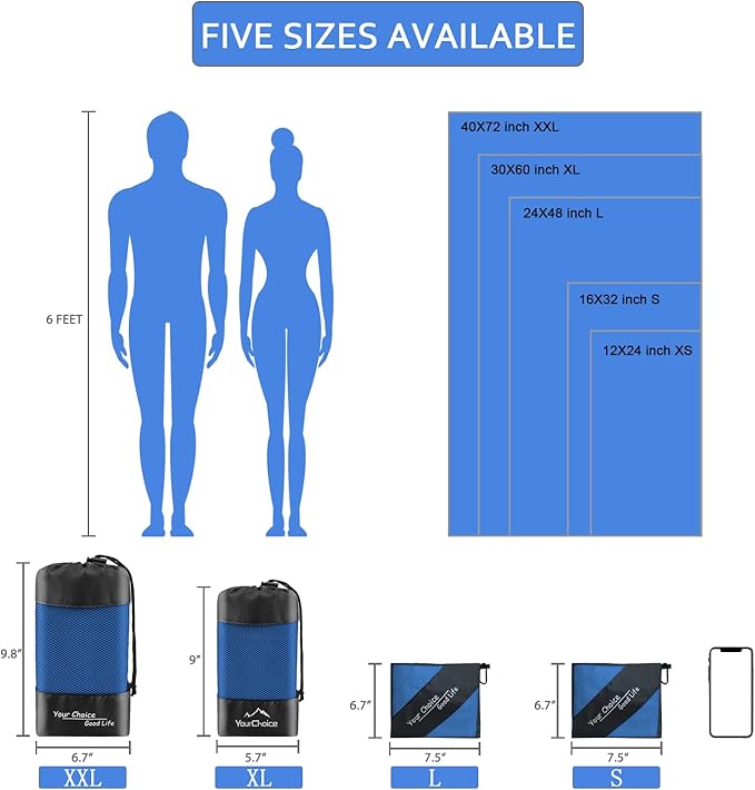 Your Choice Microfiber Travel Towel, Fast Drying Towel for Camping, Travel, Beach, Gym, Backpacking, Sports and Swimming. Sweat Absorbent, Lightweight and Ultra Compact