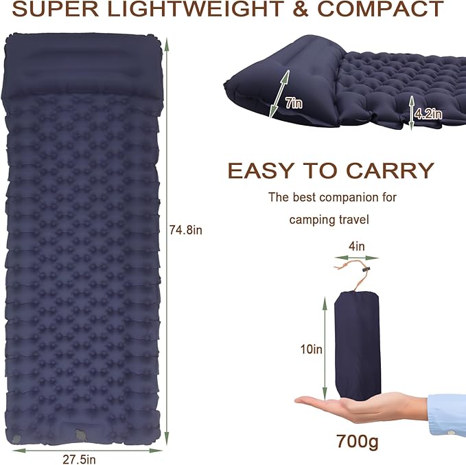 Sleeping Pad Ultralight Inflatable Camping Sleeping Pad with Pillow,Built-in Foot Pump,Lightweight Camping Mattress,Thick 4" Sleeping Mat for Camping Backpacking Hiking (Navy Blue, Single)
