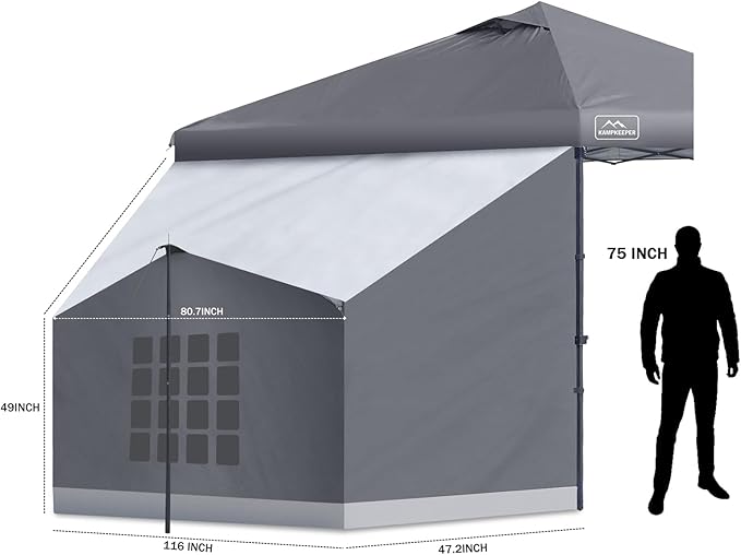 KAMPKEEPER Side Tent,Camping Tent for 10' x 10' Pop Up Canopy, Easy Set Up Gazebo,Compatible with 10' Wide Canopy Tents（Grey）