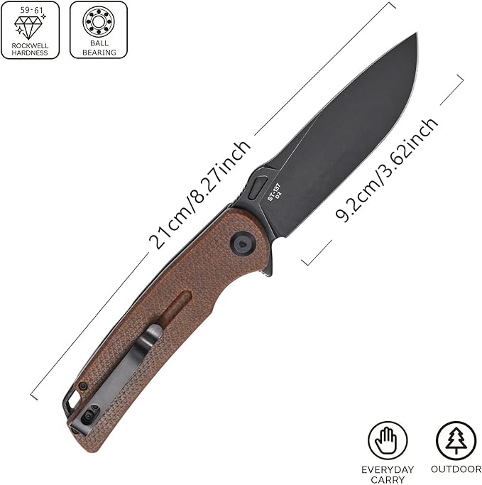 Sitivien ST137 Folding Knife,D2 Satin Blade,Micarta Handle EDC Tool Knife for Outdoor Hiking Camping Fishing(Brown)