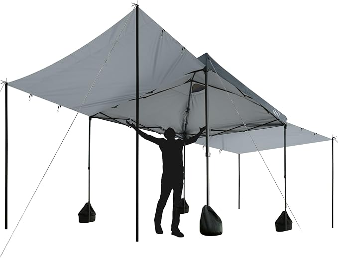 KAMPKEEPER 10x10 pop up Canopy Tent with 2 sidewalls Silver-Coated,Outdoor Canopy Tent for Parties with 2 Shelters,with 4 Poles, 4 Sandbags,8 Ropes,12 Stakes,and 1 Roller Bags