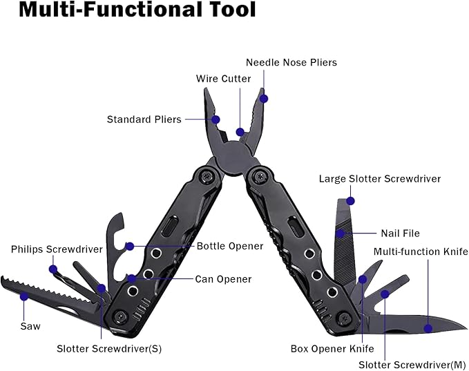 Multitool Pliers Pocket Tool Camping Tool 12 in 1 Multi Tool Gifts for Men Multi Tool with Safety Lock Screwdrivers Saw Bottle Opener Sheath for Camping Survival Hiking Simple Repairs -Black