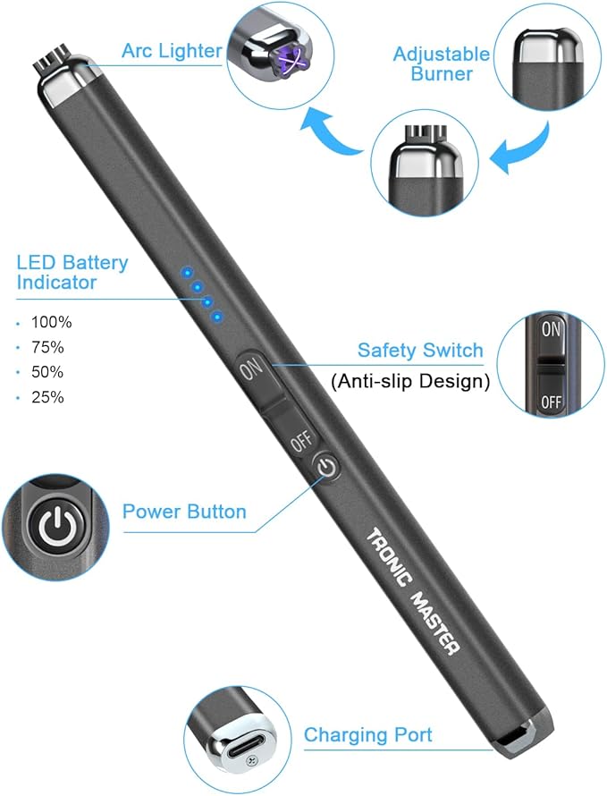 Electric Candle Lighter Rechargeable Lighters - Dual Arc Plasma Lighter Windproof & Flameless with Double Safety Switch (Space Grey)