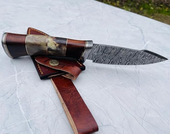 Damascus Steel Hunting Knife Fixed Blade for Camping, Survival- Premium Outdoor Gear for Versatile Use - Razor Sharp Edge with Bone and Rose Wood