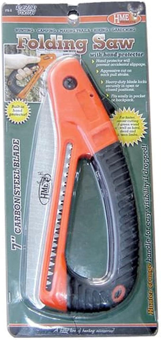 HME Folding 7" Carbon Steel Blade Pocket Hand Saw with Hand Protector for Camping, Backpacking, Hunting