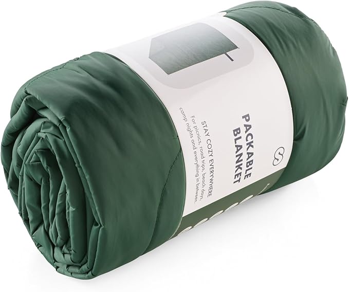 Huzi Infinity Travel - Packable Blanket - Puffy - for Travel Outdoor Picnic Trip Camping Beach - 57 x 38 (Pine Green)