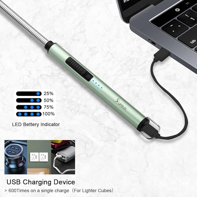 SUPRUS Electric Lighter Candle Lighter USB Type C Rechargeable Lighter Steel Shell & Hanging Hook with 360° Flexible Neck(Green)