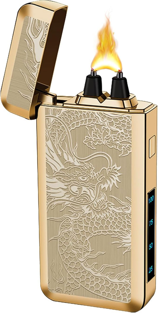SKRFIRE Electric Lighter USB Type-C Rechargeable Plasma Arc Lighter, Windproof Torch Lighter High Power Flame Candle Lighter with LED Battery Indication for Camping, Hiking, Traveling(Gold Dragon)