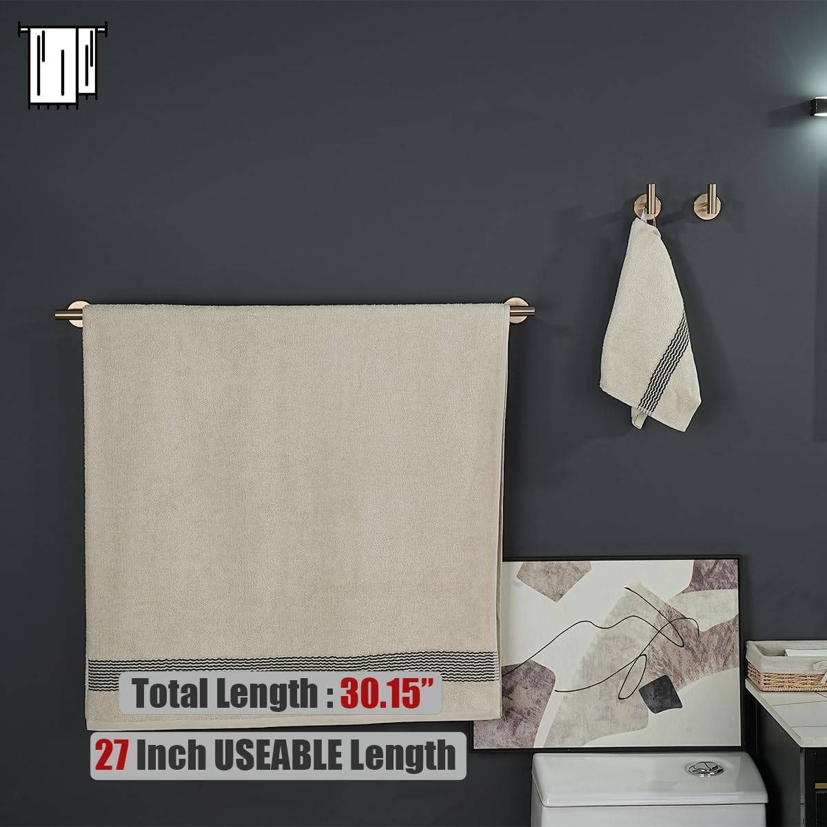 JQK Champagne Bronze Bath Towel Bar, 30 Inch 304 Stainless Steel Thicken 0.8mm Towel Rack Bathroom, Towel Holder Wall Mount, Useable Length 27 Inch, TB110L27-CB