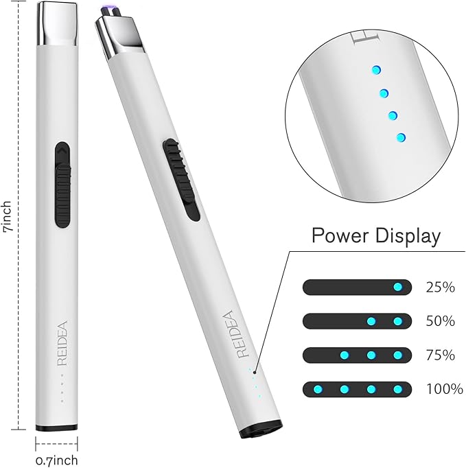 REIDEA Lighters 2 Pack R1 Flat Electronic Candle Lighter, Windproof Flameless USB Rechargeable Arc Lighter with Safe Button and Power Indicator for Candle, BBQ and Fireworks, White
