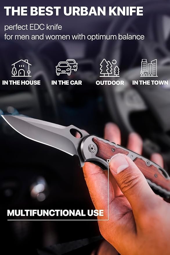 Grand Way Spring Assisted Knife - 5Cr15MoV Sharp Blade - Pocket Knife with Wood Handle - Tactical Folding Knives - Best for EDC Camping Survival - Birthday Gifts for Dad Men 97010
