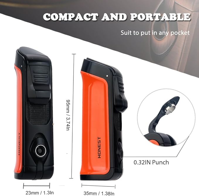 HONEST Triple Jet Torch Lighter Built-in Punch Visible Gas Window Refillable Gas Adjustable Flame Intensity Pocket Lighter Gift for Men BBQ Kitchen Fireplace Candle (Hermes Orange)