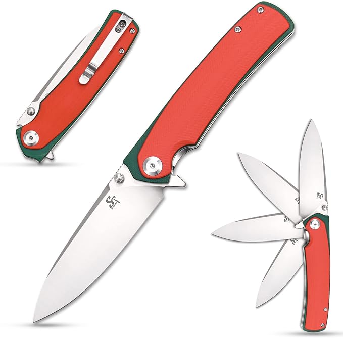 Sitivien ST127 Folding Knife,D2 blade, G10 Handle,Ball Bearings Pivot, Flipper Opening Knife with Reversible Deep Carry Clip for Outdoor EDC Tool Knife(Red)