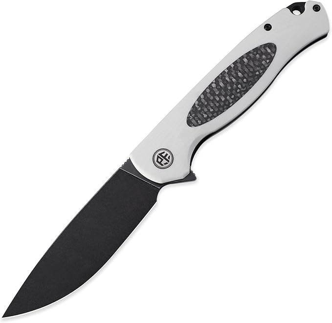 Petrified fish PFB03 Stamp Pocket Knife, 3.58" D2 Black Stonewashed Blade, 4.79 oz G10 Handle Flipper Liner lock Folding Knife (White & Black Stonewashed)