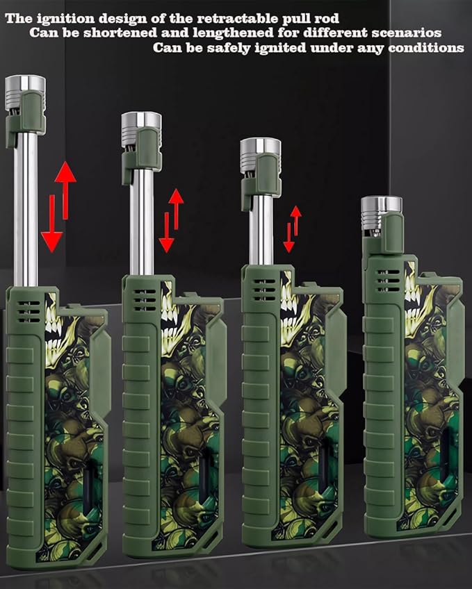 Butane Lighter Long Neck Flame Adjustable Lighter Refillable Multipurpose Windproof Lighters with Safety Lock and Visible Gas Window Lighter for Candle Fireplace Kitchen Camping Outdoor (Camouflage)