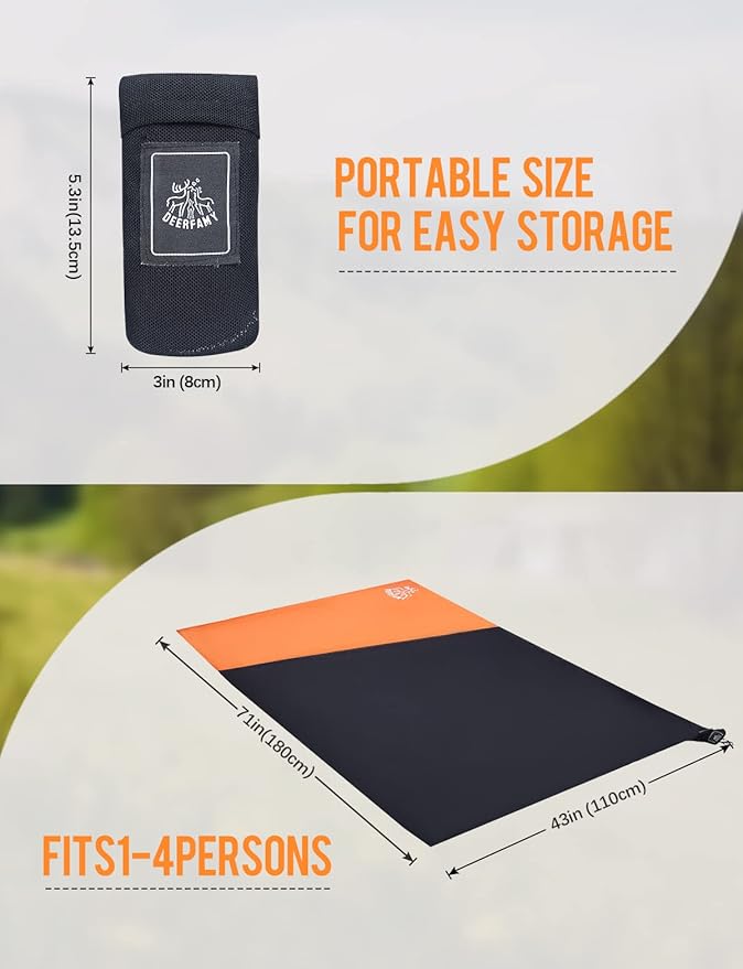 DEERFAMY Outdoor Pocket Blanket(71x43), Waterproof Windproof Picnic Blanket Folding Packable Blanket with Triangular Sand Pocket, Eco-Friendly Blanket for Hiking, Camping, Beach and Concert, Black