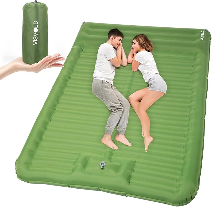 Double Sleeping Pad for Camping, 4.72" Ultra-Thick Self Inflating Camping Pad 2 Person with Pillow Built-in Foot Pump Portable Camping Pad for Backpacking, Hiking, Tent, Traveling(Green)