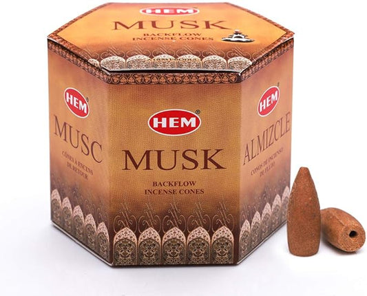 HEM Musk Backflow Brown Incense Cones | Long Lasting Aroma for Positivity & Pure Air | Wood Powder | Aromatherapy for Stress Relief, Air Purifier & Cleansing | Gift Set - Pack of 40 Cones