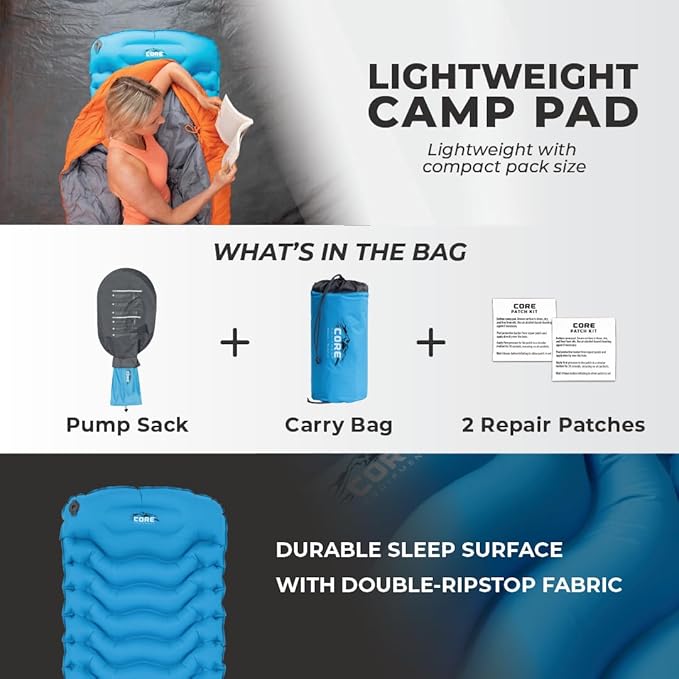 CORE Sleeping Pad for Camping | Perfect Ultralight Sleeping Mat for Tents, Camping Cot & Backpacking Gear | Lightweight & Inflatable Blow Up Mattress for Travel, Hiking & Outdoor Use