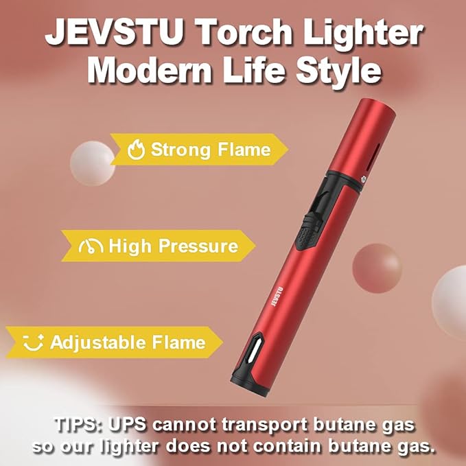 Butane Torch Lighter, 6-inch Refillable Pen Lighter Adjustable Jet Flame Butane Lighter for Grill BBQ Candle Camping (Gas Not Included) RED