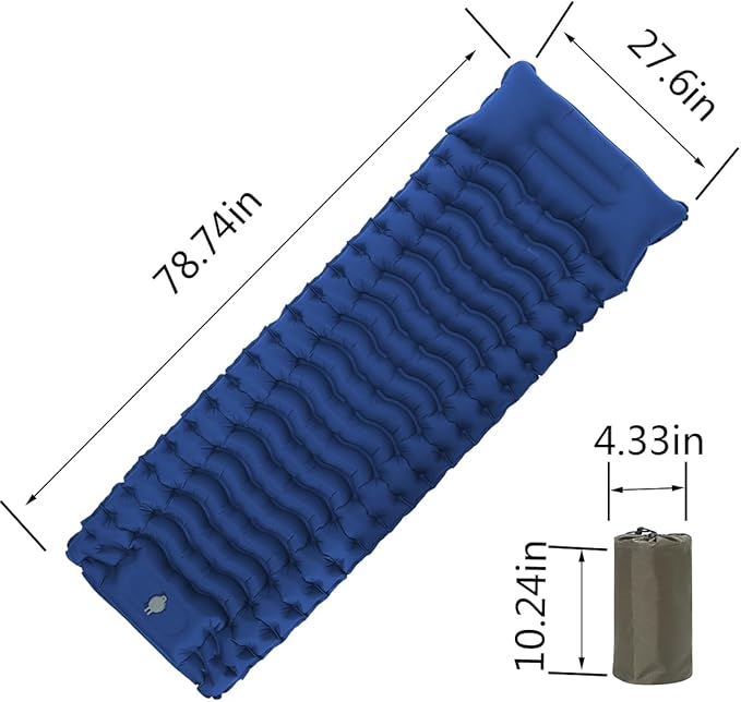 Camping Sleeping Pad, Ultralight Inflatable Sleeping Mat with Pillow, Compact Waterproof Camping Air Mattress, 77in x 27in x 3.54in Sleeping Mat for Traveling/Hiking (Blue)