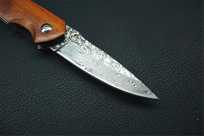 Folding Pocket Knife 2.6” Damascus Steel Blade and Natural Classic Red Sandalwood Handle Design, Outdoor EDC Portable Carry Keychain Knife