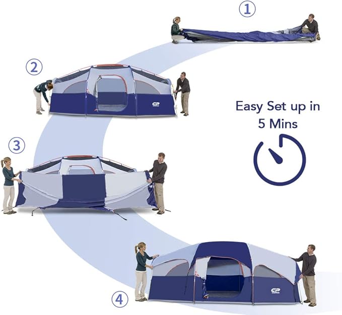 CAMPROS CP Tent 8 Person Camping Tents, Weather Resistant Family Tent, 5 Large Mesh Windows, Double Layer, Divided Curtain for Separated Room, Portable with Carry Bag