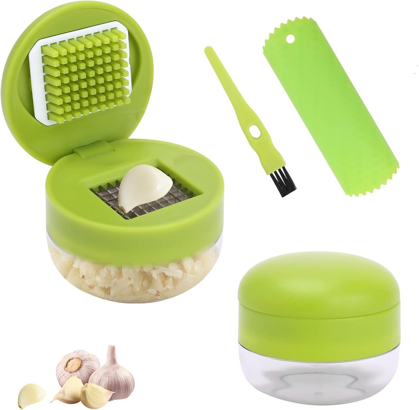 2 Pcs Garlic Press Set, Stainless Steel Garlics Crusher with Silicone Peeler and Cleaner Brush, Easy to Use Garlic Chopper for Shredded Garlic, Ginger, and Fruit