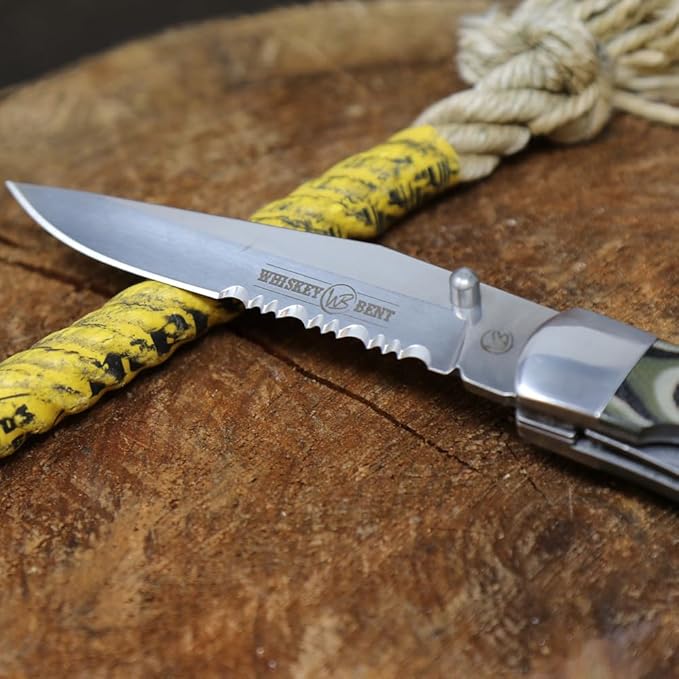 WHISKEY BENT HAT CO. Locking Trapper Folding Pocket Knife 4.125" Closed Length 440C Stainless Steel Blades (Brown Fang - Serrated)