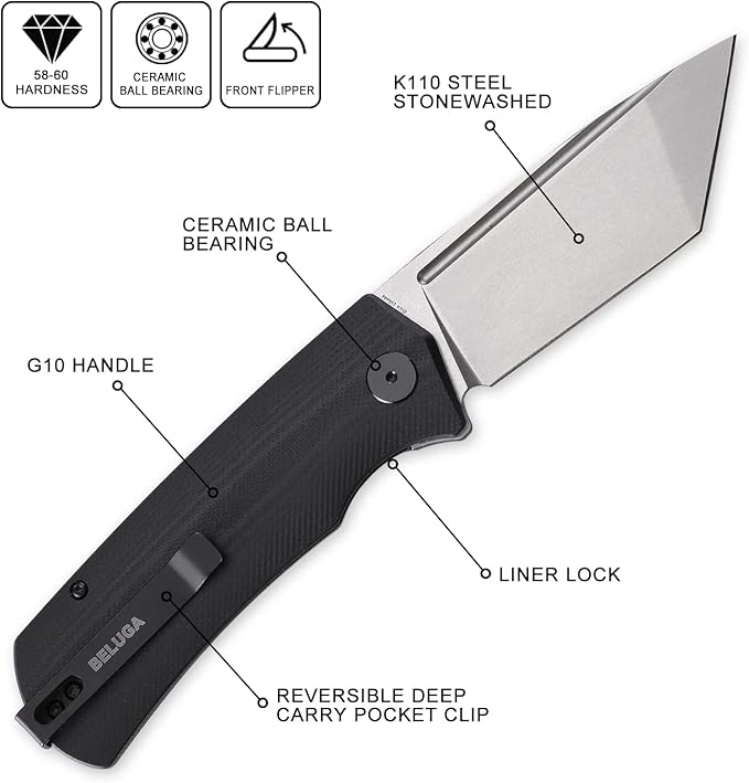 Petrified fish PFP01T Beluga,3.58" K110 Stonewashed Blade, Front Flipper Liner lock Folding knife (Black G10, Stonewashed)