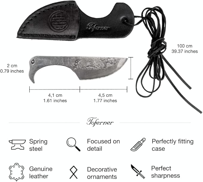 Toferner Hand Forged Knife Flamingo with Sheath, Vintage Knife for Antique Collection, Genuine Leather Case, Hardened Blade, Hand Made Craft, Gift Idea for Men (Black)