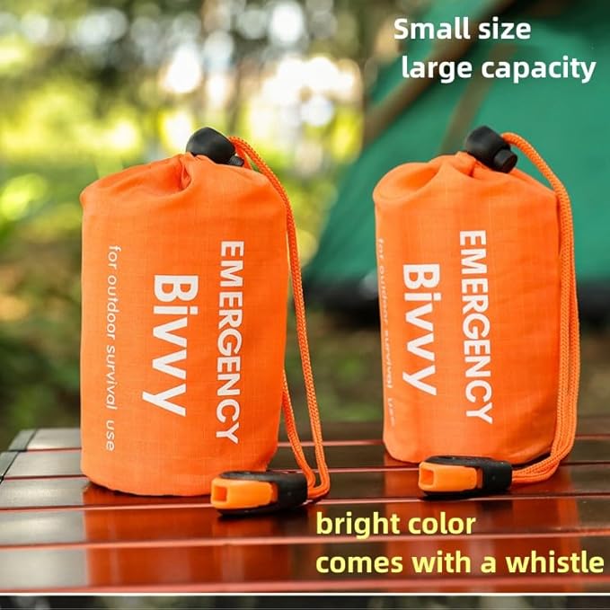 Emergency Sleeping Bag, 2 Pack Portable Thermal Bivy Sack, Waterproof Lightweight Emergency Blanket Survival Gear with Compass and Whistle for Camping Hiking Outdoor Adventure