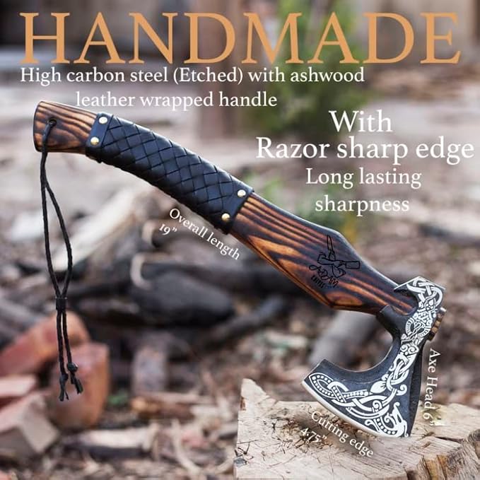 Handmade Gift Forged Carbon Steel Viking Axe, Camping Hatchet with Ash Wood Shaft (Medieval Axe)