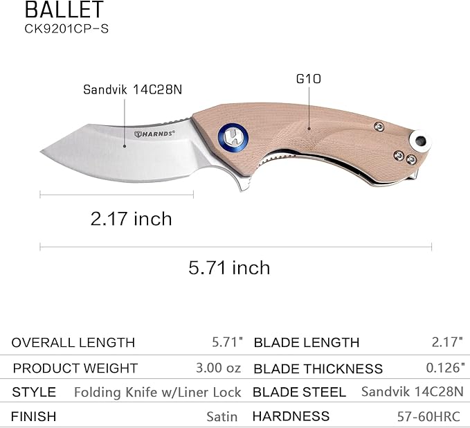 Harnds Ballet Folding Knife with Sandvik 14C28N Blade Camping Pocket Knife with Deep Carry Pocket Clip G10 Handle Flipper Open Liner Lock EDC (champagne)