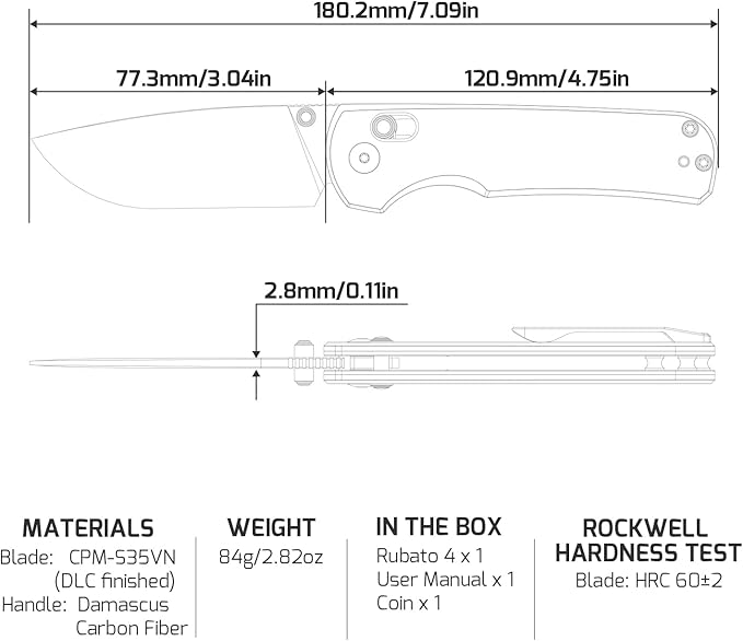 OKNIFE Rubato 4 Folding Knife, CPM-S35VN Steel, 3.04" Blade Damascus Carbon Fiber Handle with Titanium Pocket Clip, Drop Point, Rail Lock, Thumb Stud