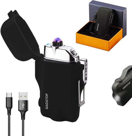 GADATOP Electric Lighter, Outdoor Waterproof Double arc Lighter Windproof Lighter, Rechargeable USB Lighter flameless Plasma Lighter with LED Torch with Lanyard, Suitable for Camping, Hiking (Black)