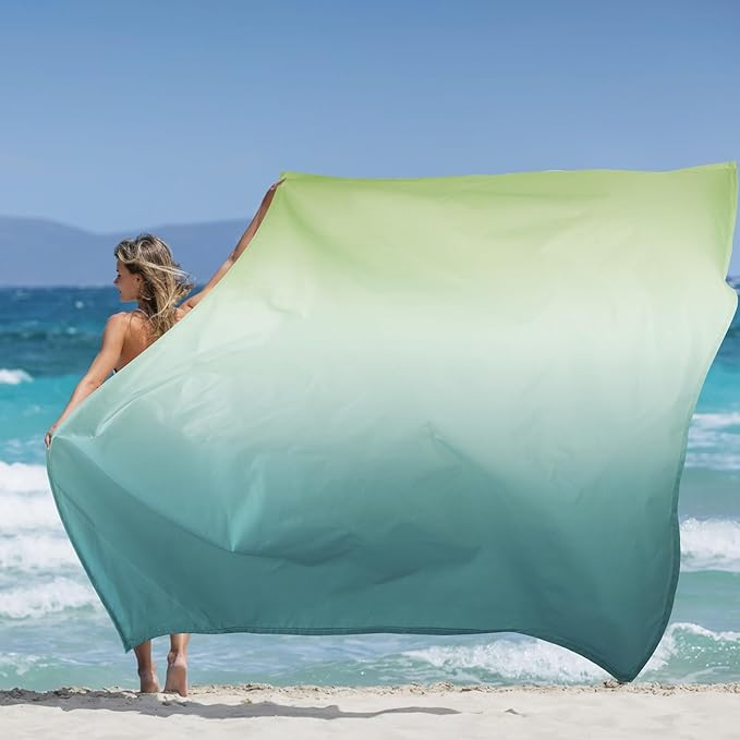 Beach Blanket Waterproof Sandproof, 10'X 9' Oversized Beach Picnic Blankets, Beach Mat Sand Free Windproof w/Stakes and Corner Sand Pocket for Outdoor, Travel, Camping, Beach Essentials-Teal Gradient