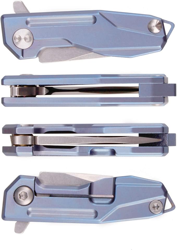 Samior HY002 Ultra Small Little Folding Pocket Flipper Knife, 1.3” D2 Damascus Blade, Blue Titanium Handle with Frame Lock, Mini EDC Keychain Necklace Knives (Blue)