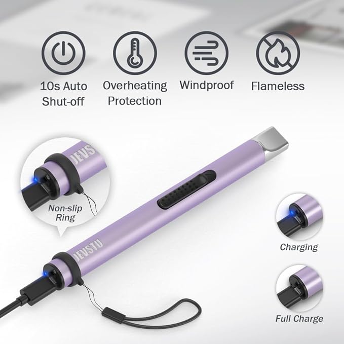 Candle Lighter, Electric Lighter Rechargeable USB Lighter, Arc Windproof Flameless Plasma Lighter Long Stick with Rope and Ring, No Butane Fluid, Perfect for Candle BBQ Camping Kitchen Stove, Purple
